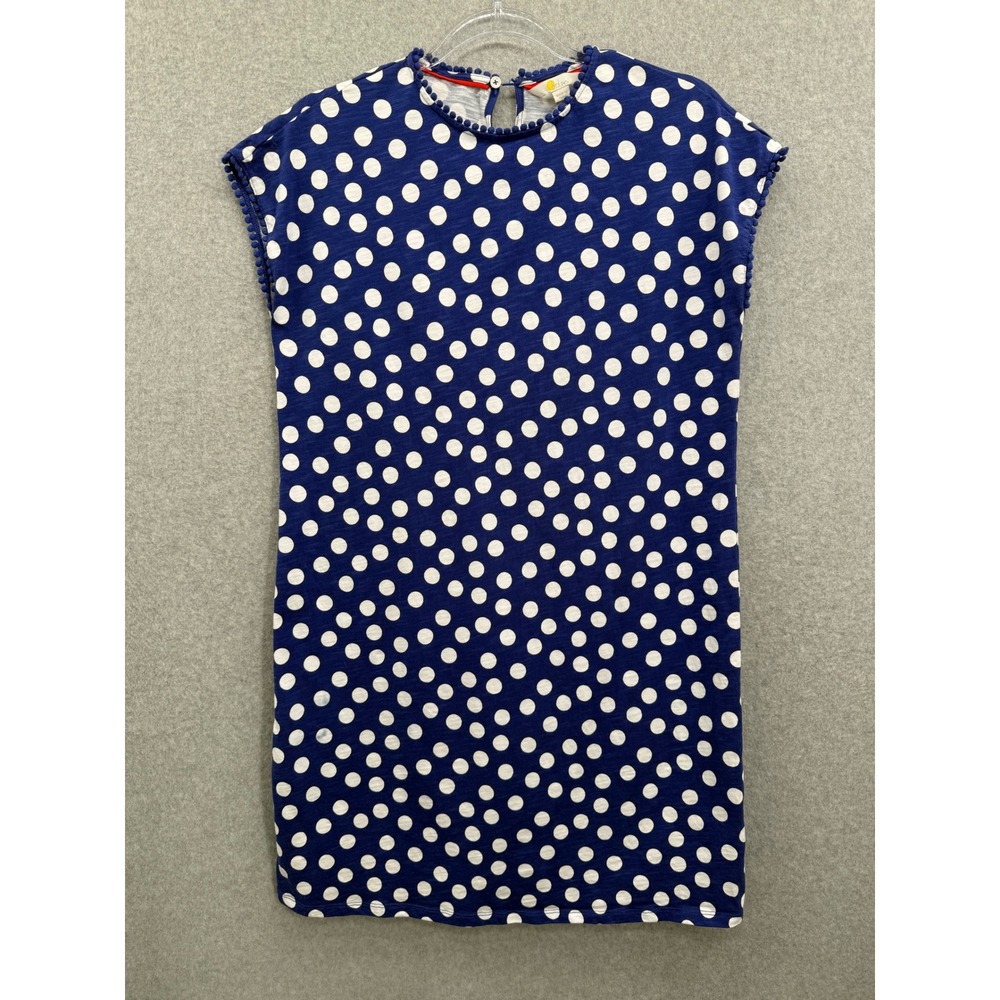 Boden Polka Dot Shift Dress Womens 8 Blue White Pom Pom Trim Cotton Casual Mini